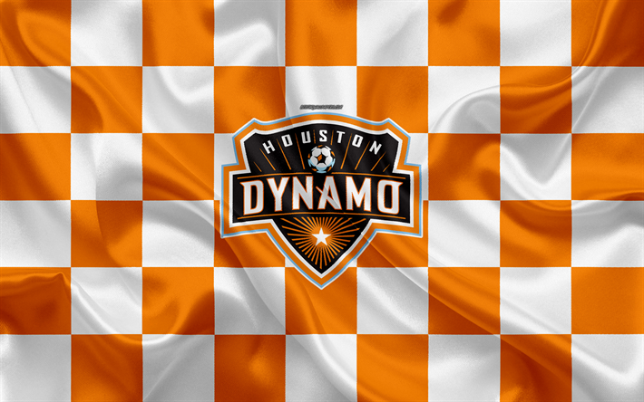 Houston Dynamo, 4k, logo, creative art, valkoinen oranssi ruudullinen lippu, American Soccer club, MLS, tunnus, silkki tekstuuri, Houston, Texas, USA, jalkapallo, Major League Soccer