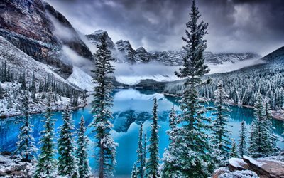 Moraine Lake, winter, Banff, HDR, blue lake, North America, mountains, forest, Banff National Park, Canada, Alberta