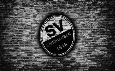 Sandhausen FC, logo, white brick wall, Bundesliga 2, German football club, soccer, SV Sandhausen, football, brick texture, Sandhausen logo, Germany