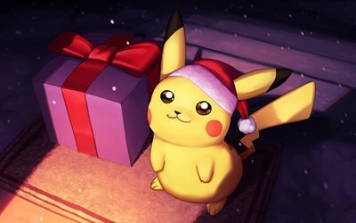 Santa Pikachu, Happy New Year, Pokemon, Pikachu, chubby rodent, artwork, gifts boxes