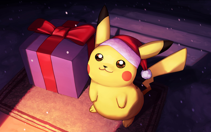 santa pikachu, gl&#252;ckliches neues jahr, pokemon, pikachu, mollig, nagetier -, grafik -, geschenke-boxen