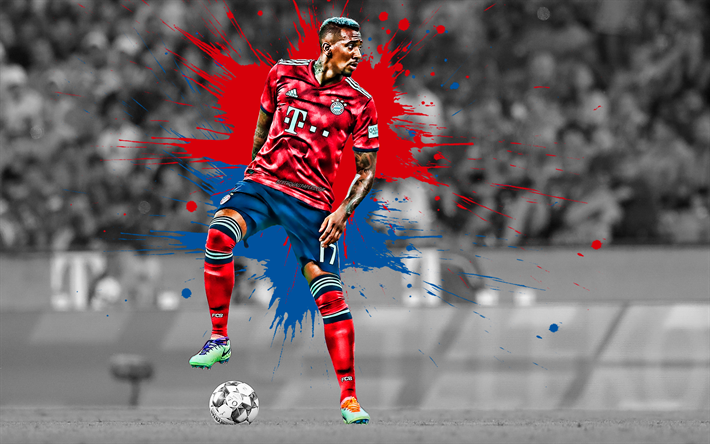 Jerome Boateng, Bayern M&#252;nchen, Saksan jalkapalloilija, puolustaja, punainen ja sininen maali roiskeet, muotokuva, Bundesliiga, Saksa, jalkapallo, Boateng