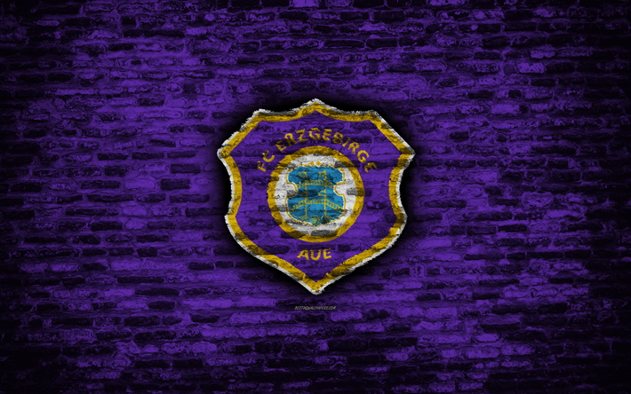 Erzgebirge Aue FC, logo, violet brick wall, Bundesliga 2, German football club, soccer, football, brick texture, Erzgebirge Aue logo, Germany