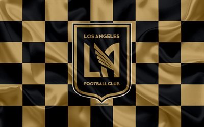 Los Angeles FC, 4k, logo, yaratıcı sanat, altın siyah damalı bayrak, Amerikan Futbol Kulübü, İLKAY, amblem, ipek doku, Los Angeles, Kaliforniya, ABD, futbol, Major League Soccer