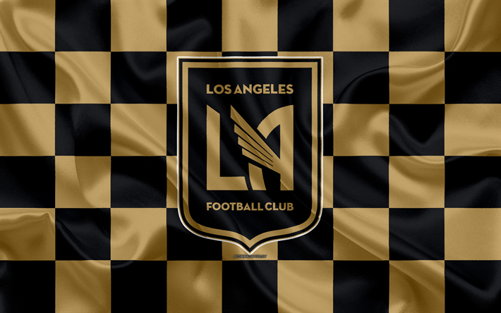لوس أنجلوس FC, 4k, شعار, الفنون الإبداعية, الذهب الأسود متقلب العلم, نادي كرة القدم الأمريكية, MLS, نسيج الحرير, لوس أنجلوس, كاليفورنيا, الولايات المتحدة الأمريكية, كرة القدم, دوري كرة القدم