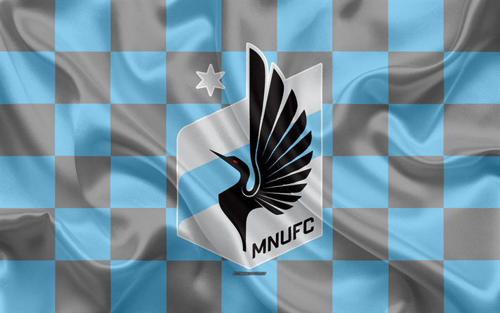 Minnesota United FC, 4k, logo, creative art, gray blue checkered flag, American Soccer club, MLS, emblem, silk texture, St Paul, Minnesota, USA, football, Major League Soccer