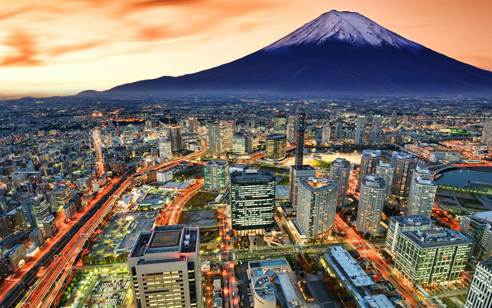 Fuji, sunset, Fuji-Vuori, vuoret, kaupunkimaisemat, Shizuoka, Fujisan, Fujiyama, kerrostulivuori, japanilainen maamerkkej&#228;, Japani, Aasiassa