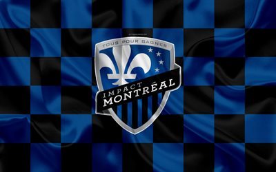 Montreal Impact, 4k, logo, yaratıcı sanat, mavi siyah damalı bayrak, Kanada Futbol Kul&#252;b&#252;, İLKAY, amblem, ipek doku, Montreal, Kanada, ABD, futbol, Major League Soccer