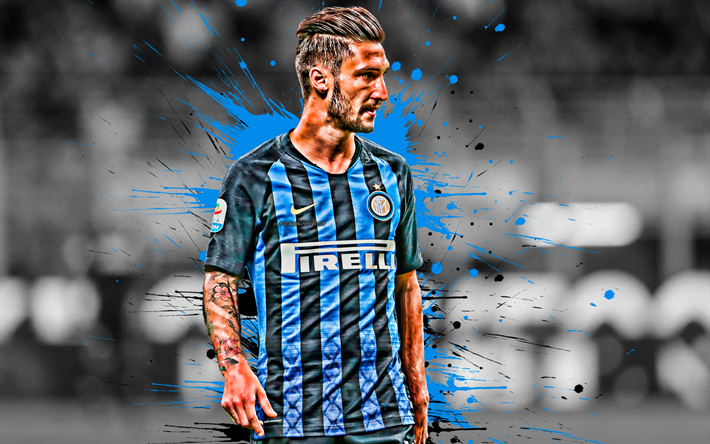 Matteo Politano, Internazionale FC, Italian football player, striker, Inter Milan FC, blue black paint splashes, portrait, Serie A, Italy, football, Politano