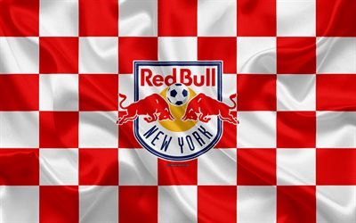 New York Red Bulls, 4k, logo, creative art, red and white checkered flag, American Soccer club, MLS, emblem, silk texture, New York, USA, football, Major League Soccer