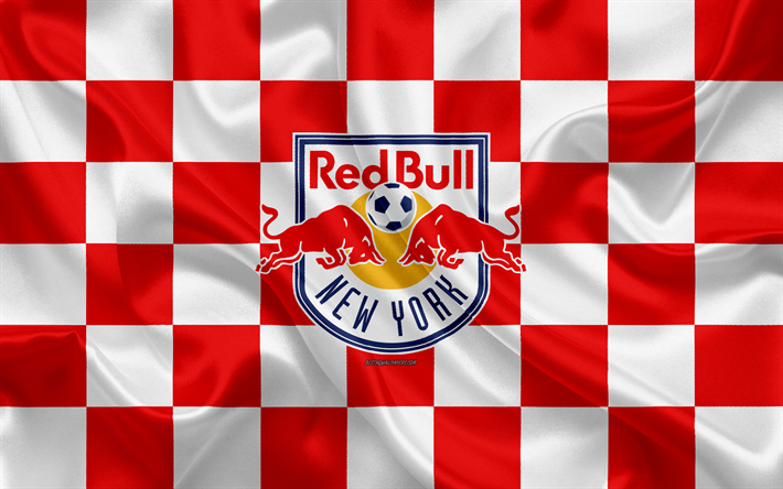 New York Red Bulls, 4k, logo, creative art, red and white checkered flag, American Soccer club, MLS, emblem, silk texture, New York, USA, football, Major League Soccer