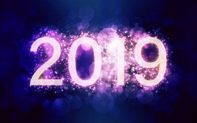 Happy New Year 2019, purple neon art, 2019 concepts, blue 2019 background