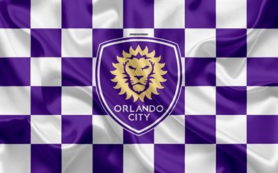 Orlando City SC, 4k, logo, creativo, arte, viola, bianco, bandiera a scacchi, American club di Calcio, MLS, emblema, di seta, di texture, di Orlando, Florida, USA, il calcio, la Major League Soccer