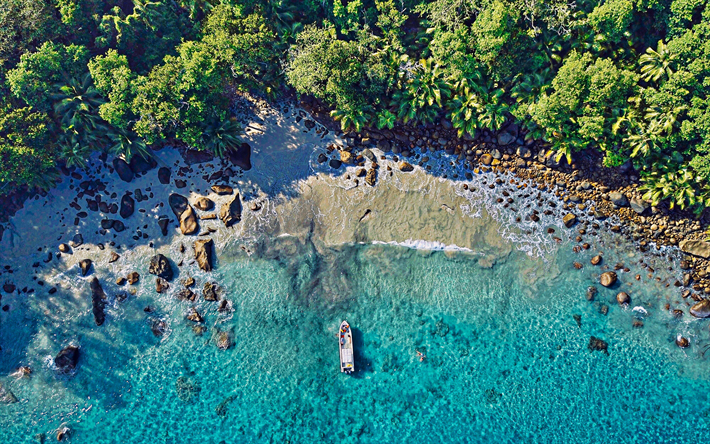 Seychelles Island, 4k, paradise, yacht on beach, aerial view, summer, sea, beautiful nature