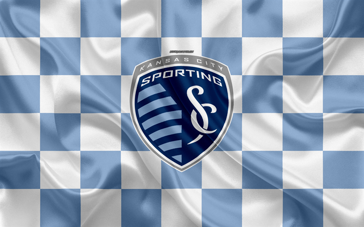 Sporting Kansas City, 4k, logo, creative art, sininen ja valkoinen ruudullinen lippu, American Soccer club, MLS, tunnus, silkki tekstuuri, Kansas City, Missouri, USA, jalkapallo, Major League Soccer