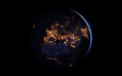 La tierra, planeta en la noche, las luces de la ciudad desde el espacio, el sistema solar