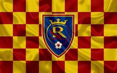 Real Salt Lake, 4k, logo, creativo, arte, giallo, rosso bandiera a scacchi, American club di Calcio, MLS, emblema, seta, texture, Salt Lake City, Utah, USA, il calcio, la Major League Soccer