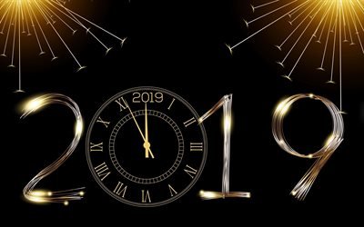 Happy New Year 2019, black 2019 background, golden watch, congratulation, 2019 background with clock