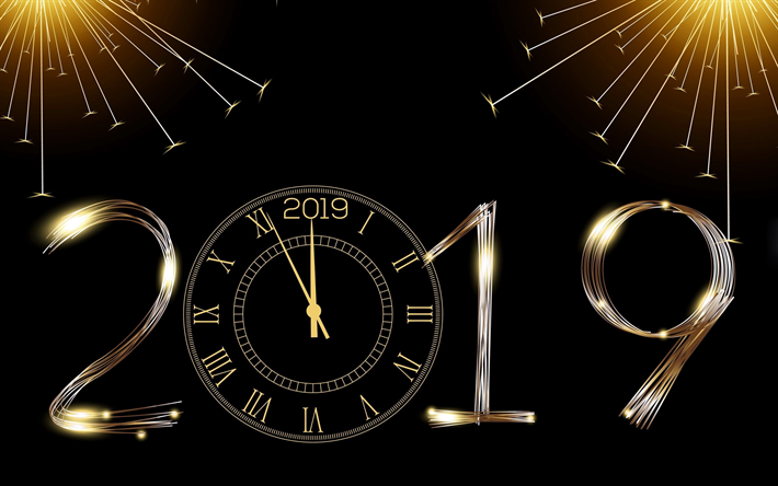 Happy New Year 2019, black 2019 background, golden watch, congratulation, 2019 background with clock