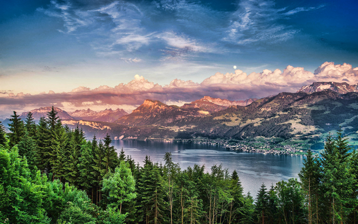 4k, チューリッヒ湖, 夕日, 美しい自然, スイスのランドマーク, 山々, スイス, 欧州