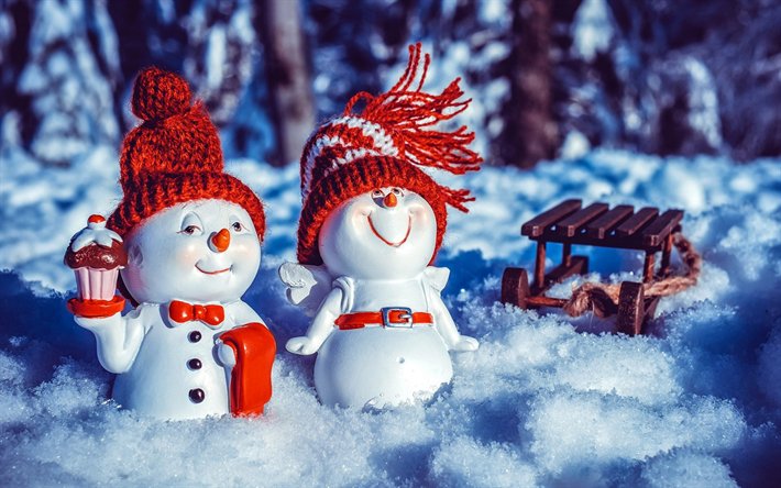 bonecos de neve, natal, inverno, noite, engra&#231;ado bonecos de neve, ano novo, neve