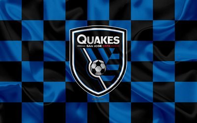 San Jose Earthquakes, 4k, logo, creative art, sininen musta ruudullinen lippu, American Soccer club, MLS, tunnus, silkki tekstuuri, San Jose, California, USA, jalkapallo, Major League Soccer