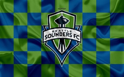 Seattle Sounders FC, 4k, logo, art cr&#233;atif, vert, bleu drapeau &#224; damier, American Football club de la MLS, l&#39;embl&#232;me, la texture de la soie, Seattle, Washington, etats-unis, de football, de la Ligue Majeure de Soccer