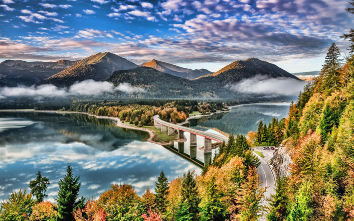 Sylvenstein Lago, outono, bela natureza, Sylvenstein Barragem, Baviera, Alemanha, Europa