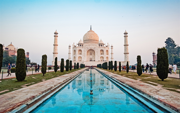 Taj Mahal, Agra, mausoleumi moskeija, maamerkki, Intia, suihkul&#228;hteet