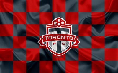 Le Toronto FC, 4k, logo, art cr&#233;atif, rouge, gris drapeau &#224; damier, Canadienne de Soccer club de la MLS, la texture de la soie, du Canada, de Toronto, etats-unis, de football, de la Ligue Majeure de Soccer
