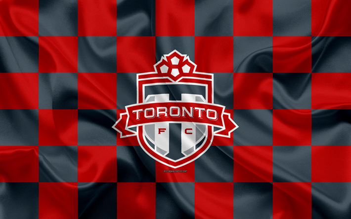 Toronto FC, 4k, logo, creativo, arte, rosso, grigio bandiera a scacchi, Canadian club di Calcio, MLS, seta, texture, Canada, Toronto, USA, il calcio, la Major League Soccer