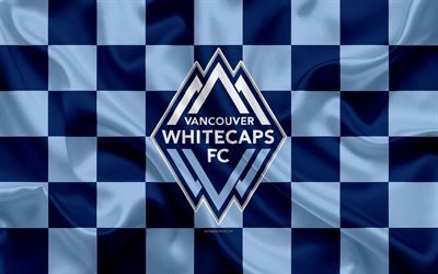O Vancouver Whitecaps FC, 4k, logo, arte criativa, bandeira quadriculada azul, Canadense de Futebol do clube, MLS, emblema, textura de seda, Vancouver, Canada, EUA, futebol, Major League Soccer
