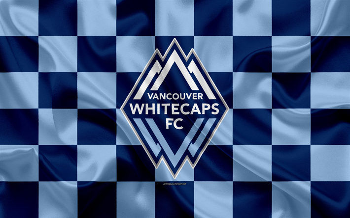 Vancouver Whitecaps FC, 4k, logo, yaratıcı sanat, mavi damalı bayrak, Kanada Futbol Kul&#252;b&#252;, İLKAY, amblem, ipek doku, Vancouver, Kanada, ABD, futbol, Major League Soccer