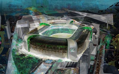 Allianz Park, 4k, arte astratta, Palme, Stadio, veduta aerea, calcio, Palestra Italia Arena, stadio di calcio, il Palmeiras arena, Brasile