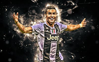Ronaldo, goal, CR7 Juve, striker, Bianconeri, joyful CR7, portuguese footballers, Ronaldo with ball, Juventus FC, abstract art, soccer, Serie A, Cristiano Ronaldo, neon lights, CR7