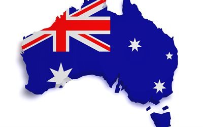 3d-karte von australien, 3d-kunst, kontinent, australien, australische flagge, 3d flag