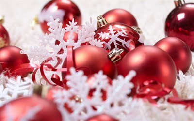 Rojas bolas de navidad, copos de nieve, Feliz Navidad, navidad fondo rojo