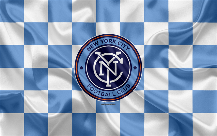 New York City FC, 4k, logo, yaratıcı sanat, mavi ve beyaz damalı bayrak, Amerikan Futbol Kul&#252;b&#252;, İLKAY, amblem, ipek doku, New York, ABD, futbol, Major League Soccer
