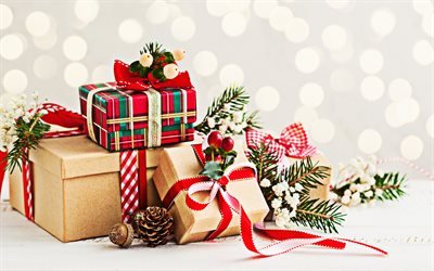Joulua lahjoja, laatikot, punainen silkki kumartaa, Uusi Vuosi, Hyv&#228;&#228; Joulua