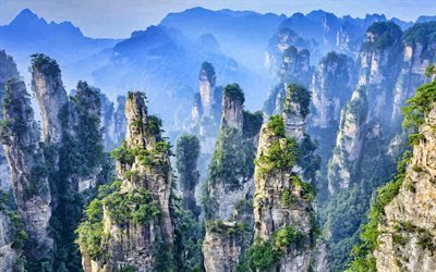 Zhangjiajie National Forest Park, rocks, summer, fog, chinese landmarks, Zhangjiajie, Asia, China, HDR