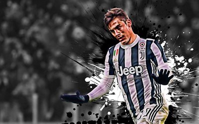 Paulo Dybala, 4k, white and black blots, argentinian footballers, Juventus FC, soccer, Serie A, Dybala, football, grunge, Italy, Juve
