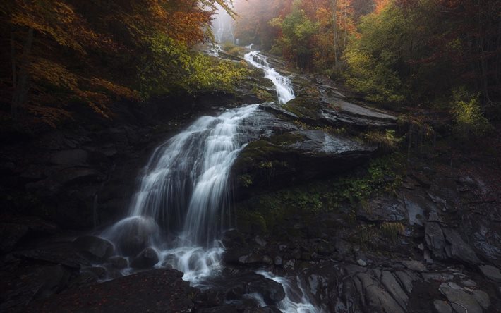 rock, waterfall, mountains, autumn, water