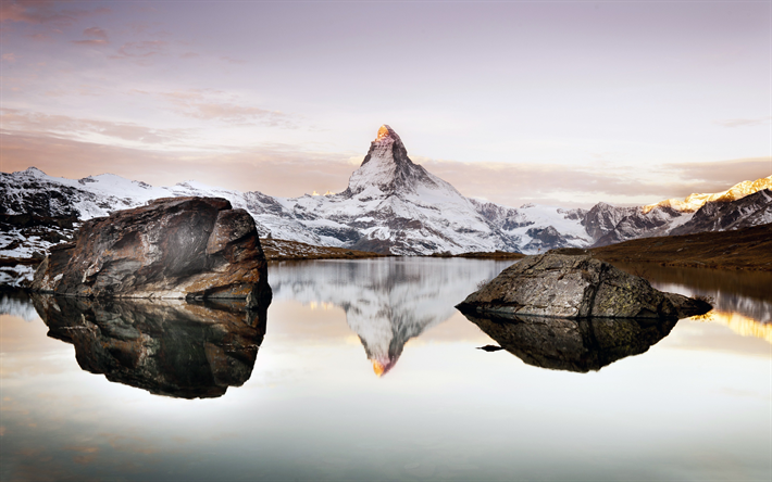 Matterhorn, mountains, lake, sunset, Alps, Switzerland, Europe
