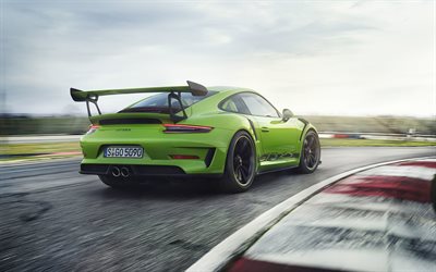 Porsche 911 GT3 RS, 2019, vue de l&#39;arri&#232;re, vert coup&#233; sport, piste de course, vert 911 GT3, tuning, voitures allemandes, Porsche