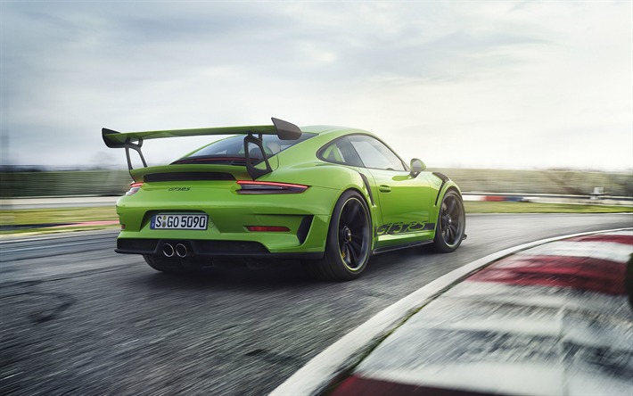 بورش 911 GT3 RS, 2019, الرؤية الخلفية, الأخضر الرياضية كوبيه, مسار السباق, الأخضر 911 GT3, ضبط, السيارات الألمانية, بورش