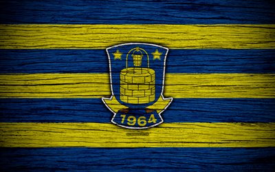 Brondby, 4k, football, Danish Superliga, soccer, Denmark, Brondby FC, creative, logo, wooden texture, football club, FC Brondby