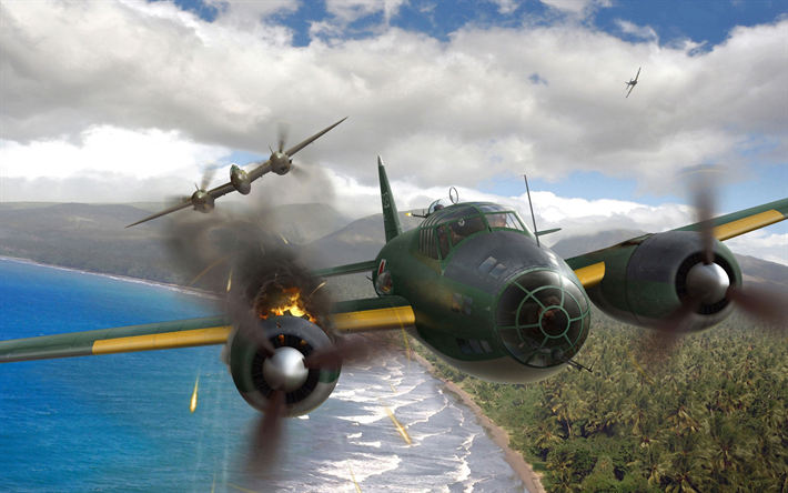 World of Warplanes, jogos on-line, Segunda Guerra Mundial, batalha a&#233;rea, Mitsubishi G4M, Lockheed P-38D Rel&#226;mpago