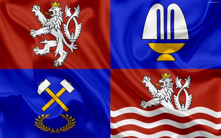 Bandiera della Regione di Karlovy Vary, in seta, bandiera, 4k, ufficiale simboli, bandiere di unit&#224; amministrative, Repubblica ceca, Regione di Karlovy Vary