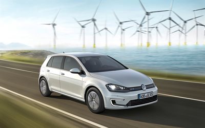 Volkswagen e-Golf, 2018, coche el&#233;ctrico, blanco nuevo e-Golf, el hatchback, el Golf el&#233;ctrico, la energ&#237;a e&#243;lica, fuentes alternativas de energ&#237;a