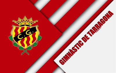 Club Gimnastic de Tarragona Gimnastic FC, 4k, Materyal Tasarımı, İspanyol Futbol Kul&#252;b&#252;, kırmızı beyaz soyutlama, logo, Yakındaki, İspanya, Segunda Division, futbol